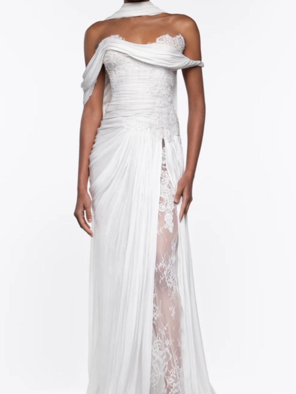 Off-Shoulder White Lace Chiffon Wedding Gown